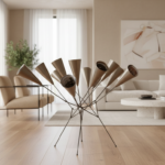 Elegant contemporary Italian living room with a sculptural magazine holder featuring thin steel legs and modular aluminum …