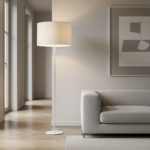 Elegant Italian design floor lamp in matte white with a cylindrical fabric shade, placed beside a minimalist sofa in a con…