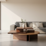 Elegant Italian design wooden rotating table in a modern minimalist living room. The table has multi