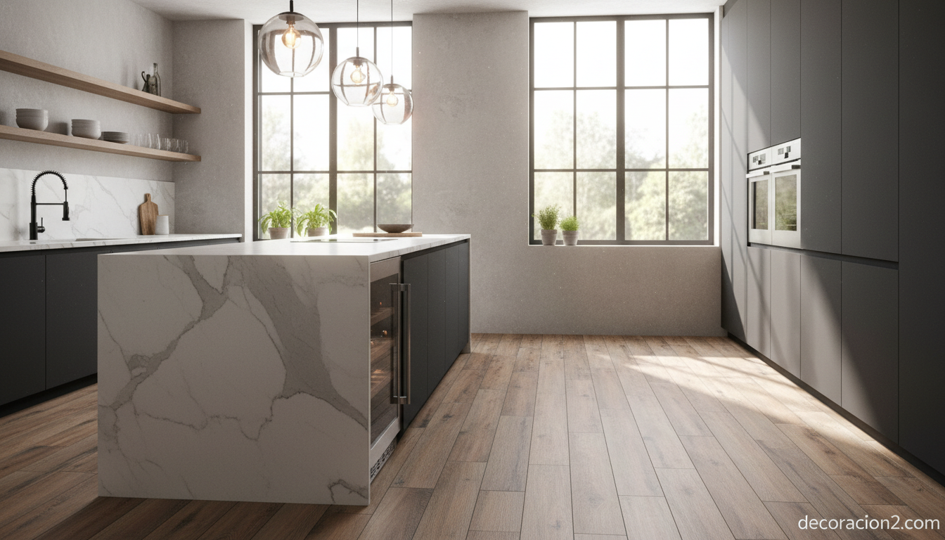 Suelo de gres porcelánico imitación madera en cocina moderna