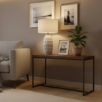 Elegant living room corner with a stylish wooden side table decorated with a ceramic lamp, a small p
