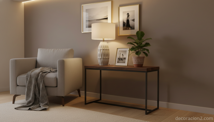 Mesa esquinera de madera decorada con lámpara y planta en un salón moderno
