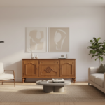 Elegant living room interior with a beautifully restored antique wooden sideboard against a white wa