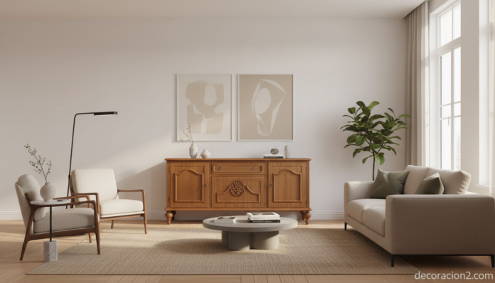 Salón con muebles clásicos restaurados combinados con decoración moderna