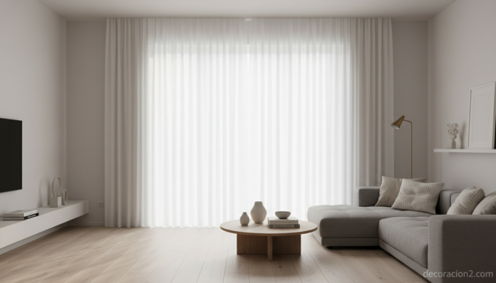 Cortinas magnéticas decorativas blancas en salón nórdico