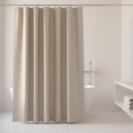Elegant modern bathroom with a beautiful linen shower curtain in oat beige color, clean white tiles,