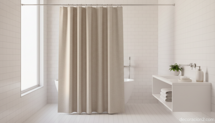 Cortina de baño elegante de lino en tono avena en un baño moderno