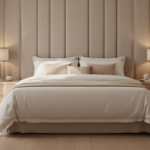Elegant modern bedroom with a beige upholstered modular vertical panel headboard behind a double bed