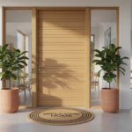 Elegant modern home entrance with a stylish coir welcome doormat in front of a wooden door, warm nat