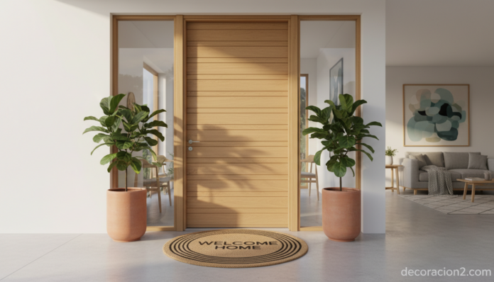 Felpudo de bienvenida en entrada moderna con puerta de madera y plantas