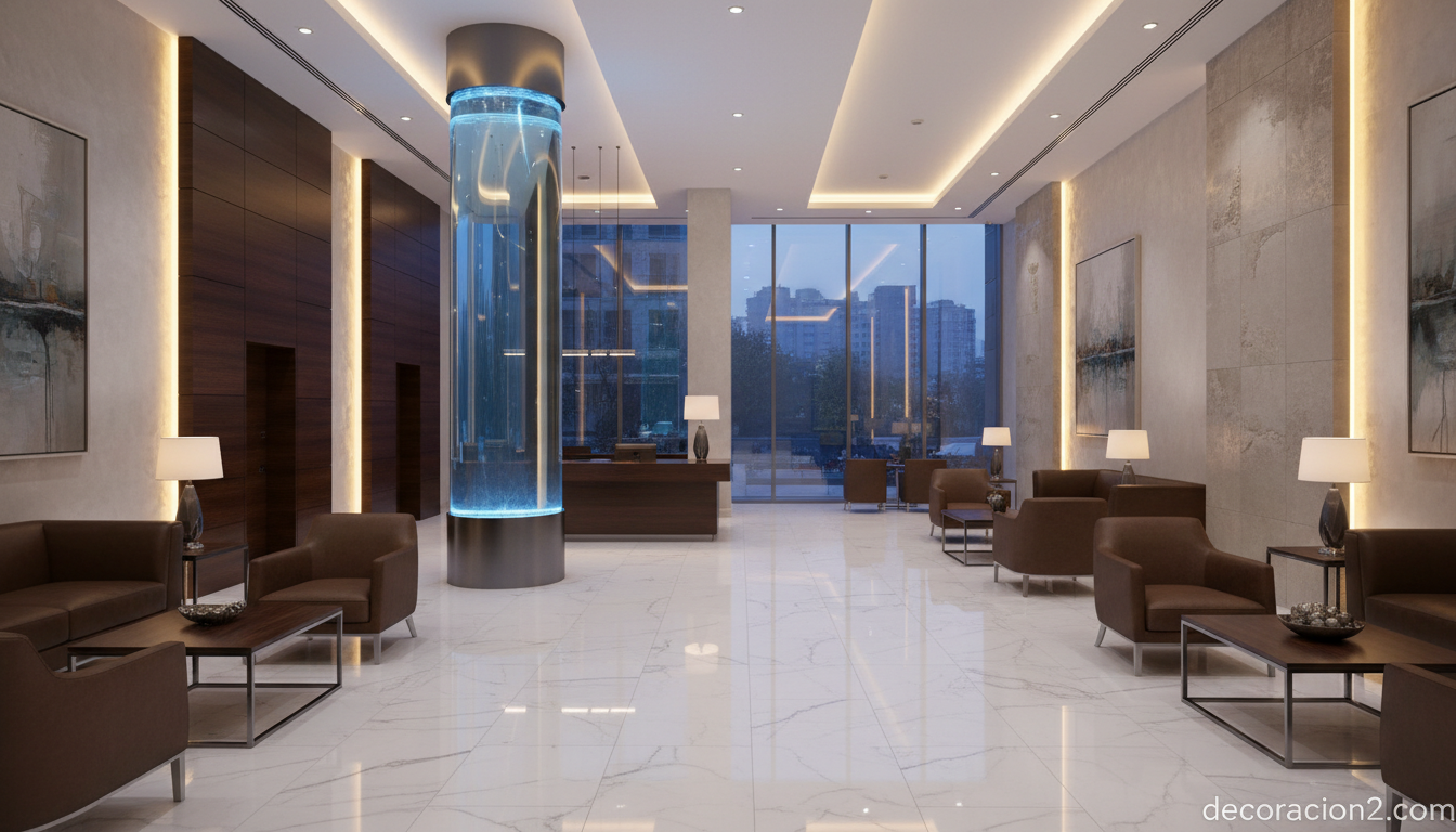 Acuario decorativo como divisor de ambientes en espacio comercial