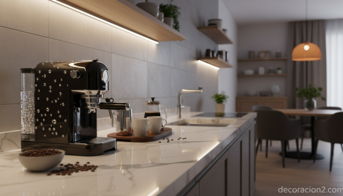Cafetera de lujo con cristales Swarovski en cocina de diseño elegante