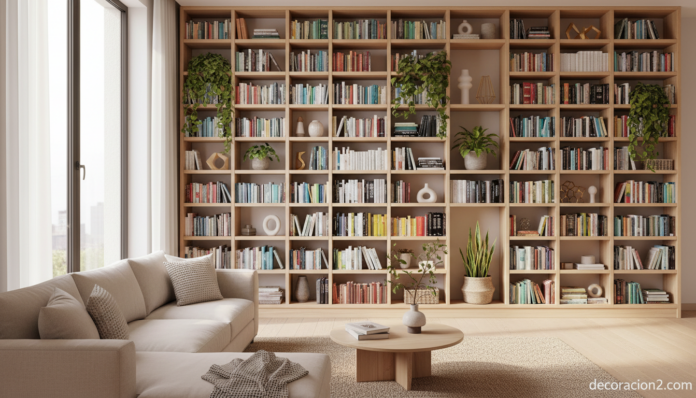 Salón moderno con biblioteca doméstica de pared completa