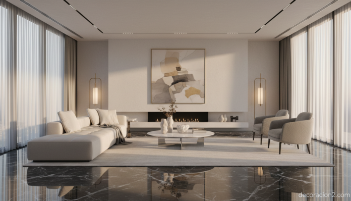 Salón moderno con suelo brillante de mármol pulido que refleja la luz natural