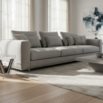Elegant modern living room with a sculptural chrome steel wire magazine rack next to a light grey so