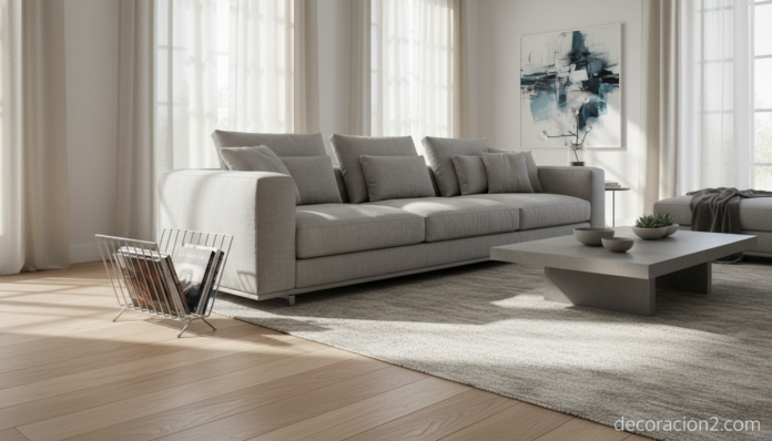 Revistero de diseño de acero cromado en salón moderno junto al sofá