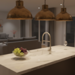 Elegant modern open kitchen island with a white marble countertop, industrial-style pendant lamps wi