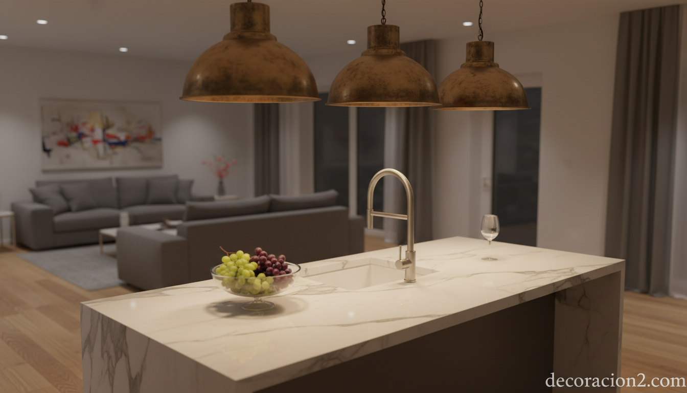Isla de cocina Barrique con encimera de mármol e iluminación cálida