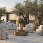 Elegant outdoor Mediterranean terrace at golden hour, featuring modern high-end Italian garden furni