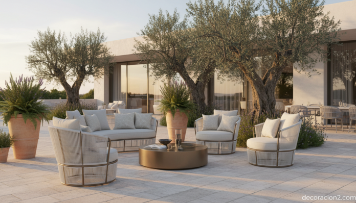 Colección de B&B Italia para el jardín con sillones de vinilo trenzado en terraza mediterránea