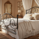 Elegant wrought iron bed frame in a romantic bedroom with white linen sheets, soft natural light com