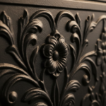 Extreme close-up detail photograph of an ornamental wall radiator surface, showing intricate floral