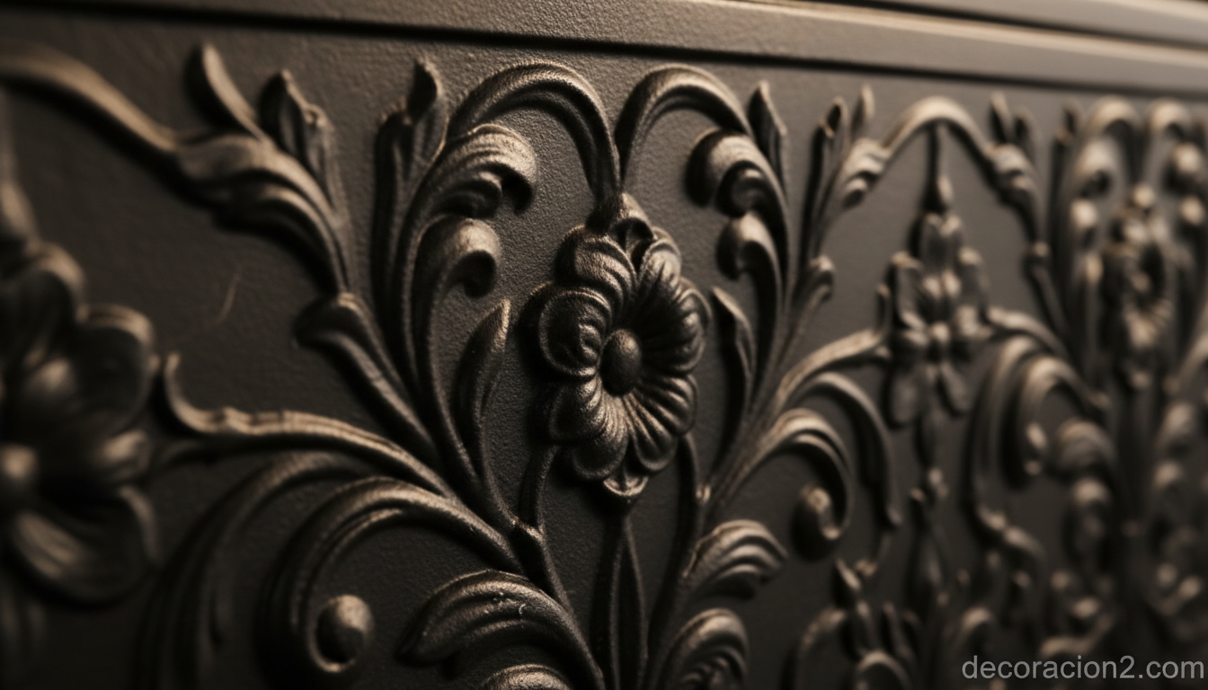 Detalle de textura ornamental en radiador de diseño negro mate