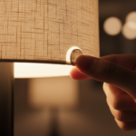 Extreme close-up detail shot of a designer table lamp mechanism: a small tab on the cylindrical fabric shade being lifted …