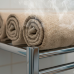 Extreme close-up macro detail of a polished chrome heated towel rack shelf with perfectly rolled bei
