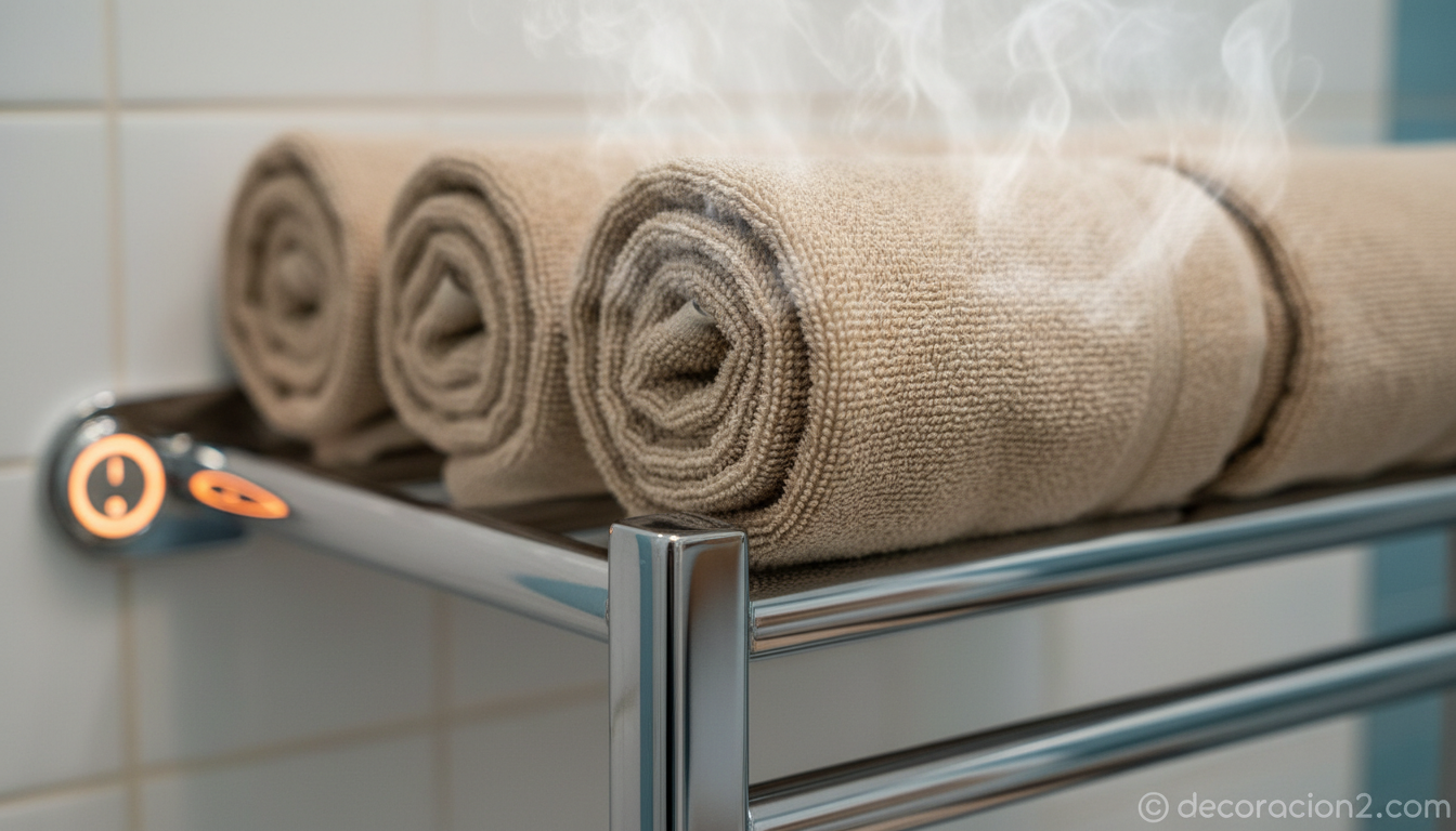 Detalle macro de calentador de toallas cromado con toallas enrolladas