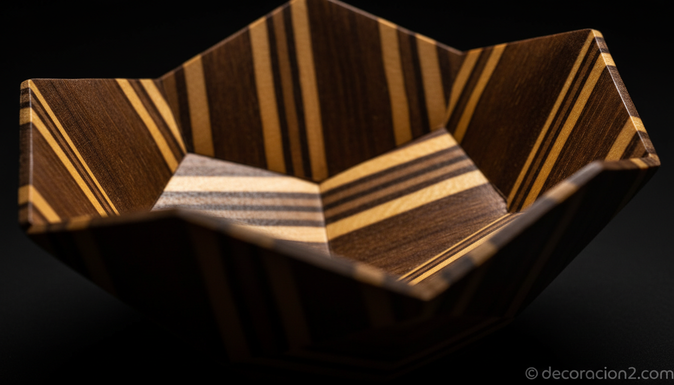 Detalle macro de los pliegues geométricos del frutero de diseño en madera de cebra