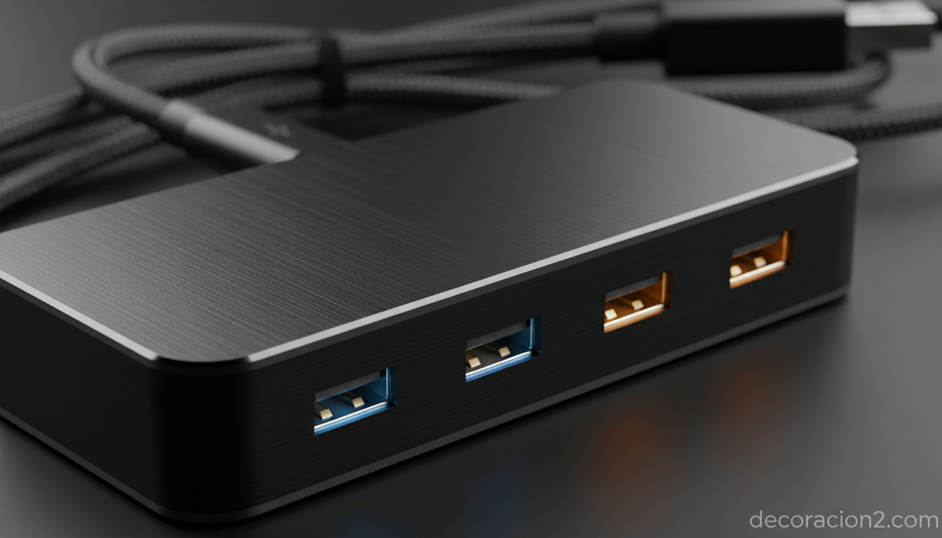 Detalle de puertos USB-C de una estación de carga multidispositivo