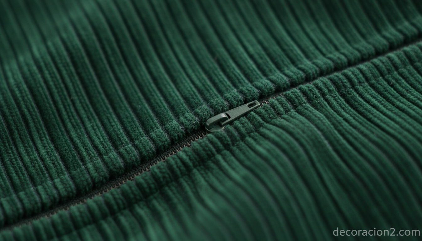 Detalle macro de tapicería de pana verde con cremallera en puff gigante