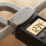 Extreme close-up macro photograph of a clamp-style electric current meter attached to a white power