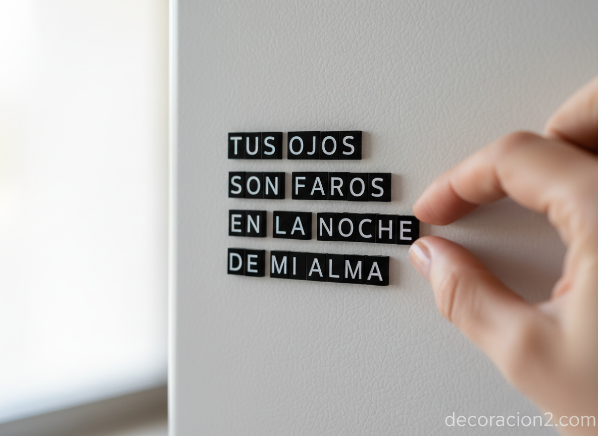 Detalle de mano colocando palabras magnéticas en la puerta del frigorífico