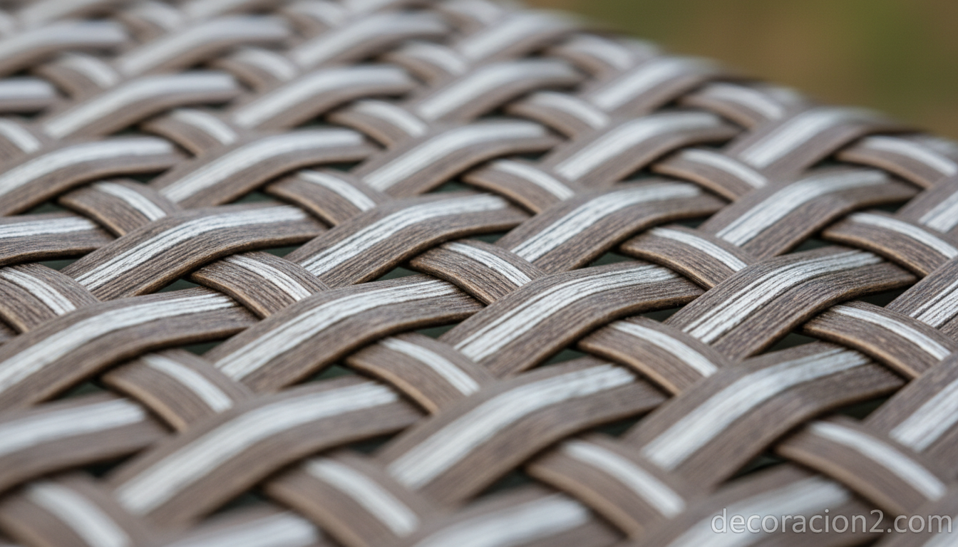 Detalle del trenzado bicolor bronce y platino de la fibra Dedon