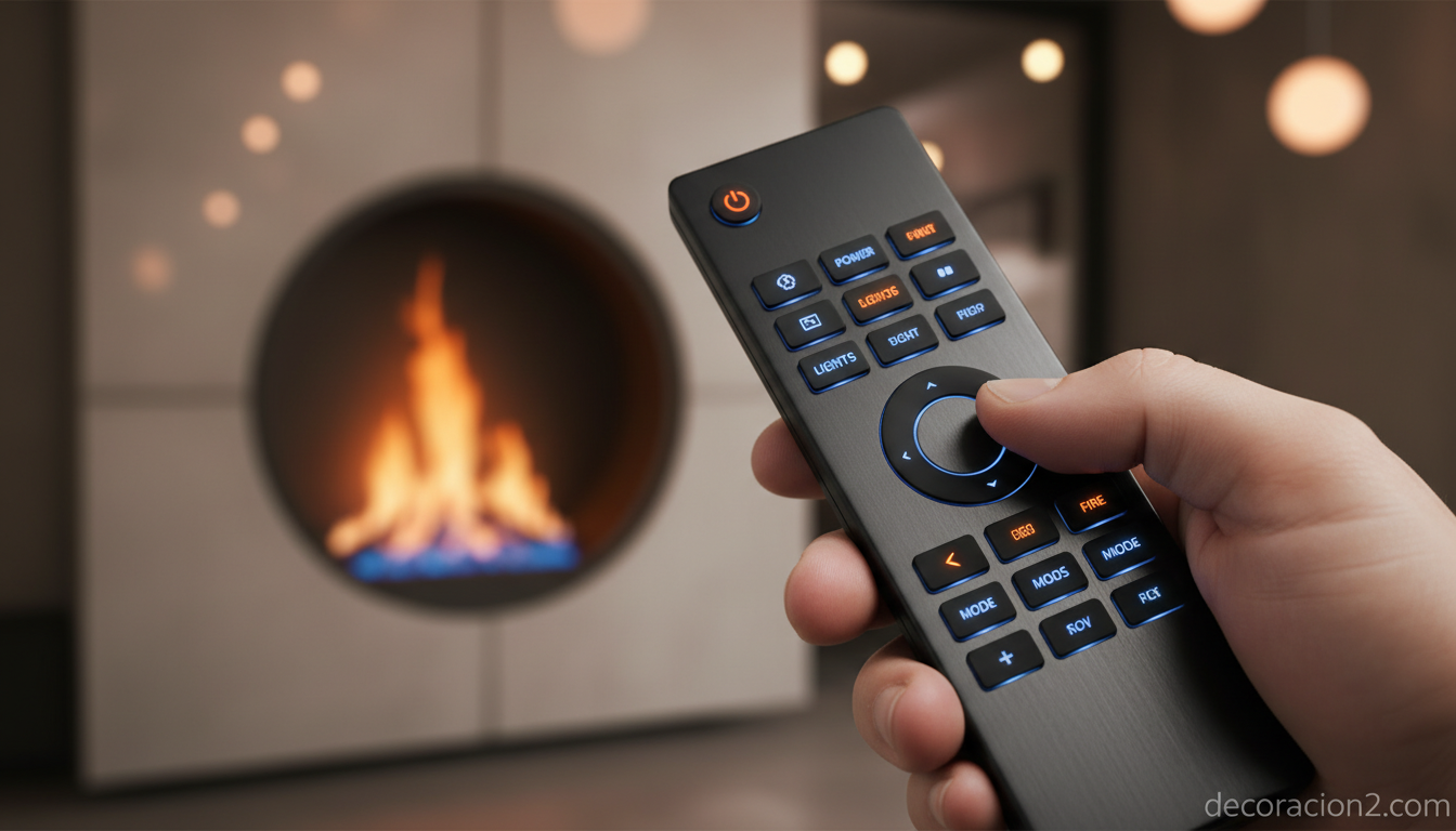 Mando a distancia controlando una chimenea giratoria de gas