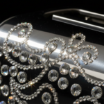 Extreme macro close-up of sparkling crystal rhinestones carefully placed on a polished chrome toaste