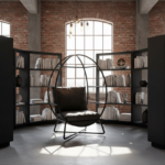 Industrial loft interior showing a dramatic cocoon-style reading armchair with black matte steel fra