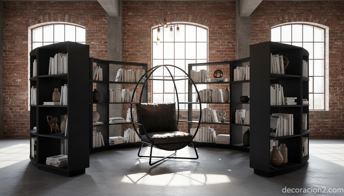 Sillón cápsula con estantería envolvente en loft industrial