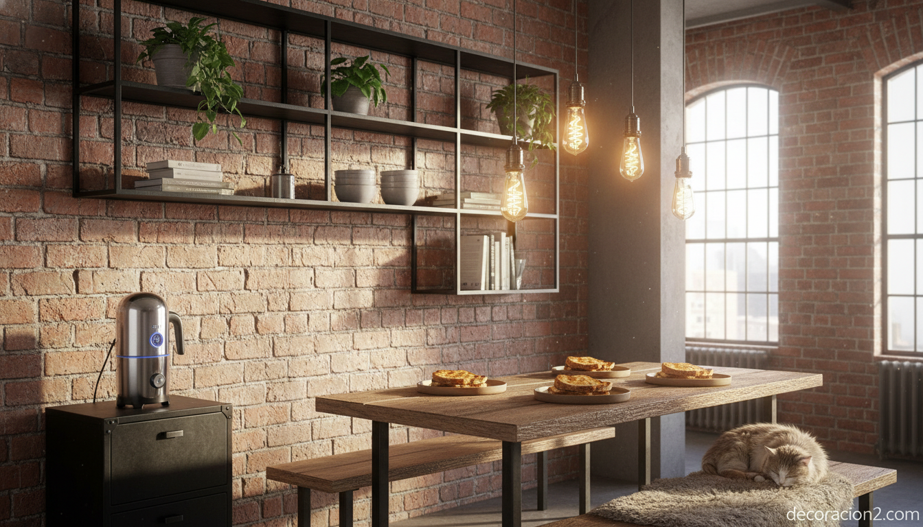 Rincón de desayuno industrial con tostadora vintage de diseño futurista