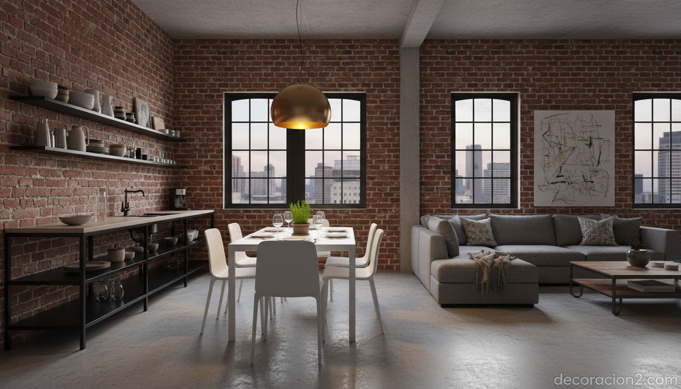 Mesa minimalista en loft industrial urbano con iluminación cálida