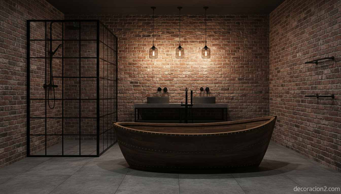 Baño industrial con bañera de madera con forma de barca como elemento central