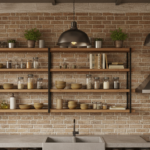Industrial style kitchen with open metal and reclaimed wood shelving displaying ceramic bowls, glass