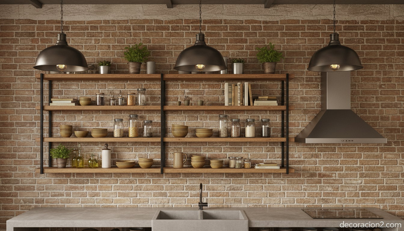 Estanterías abiertas de estilo industrial en cocina con utensilios y plantas