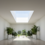 Interior skylight in a modern hallway ceiling, natural light pouring down into a previously dark cor