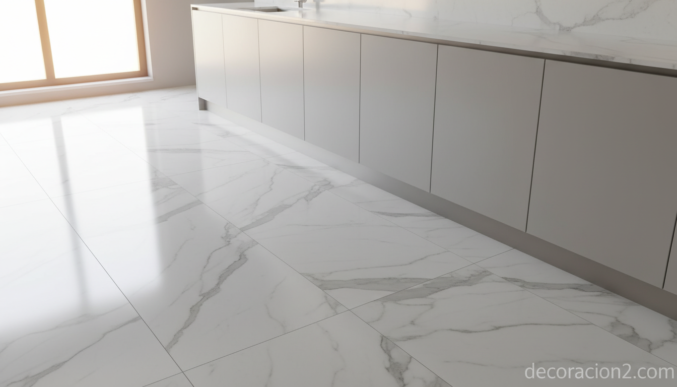 Suelo de gres porcelánico con patrón diagonal en cocina