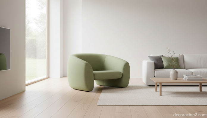 Sillón Truflees verde en salón moderno minimalista