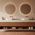 Luxurious double sink vanity unit in a spacious modern bathroom, warm earth tones with terracotta ac