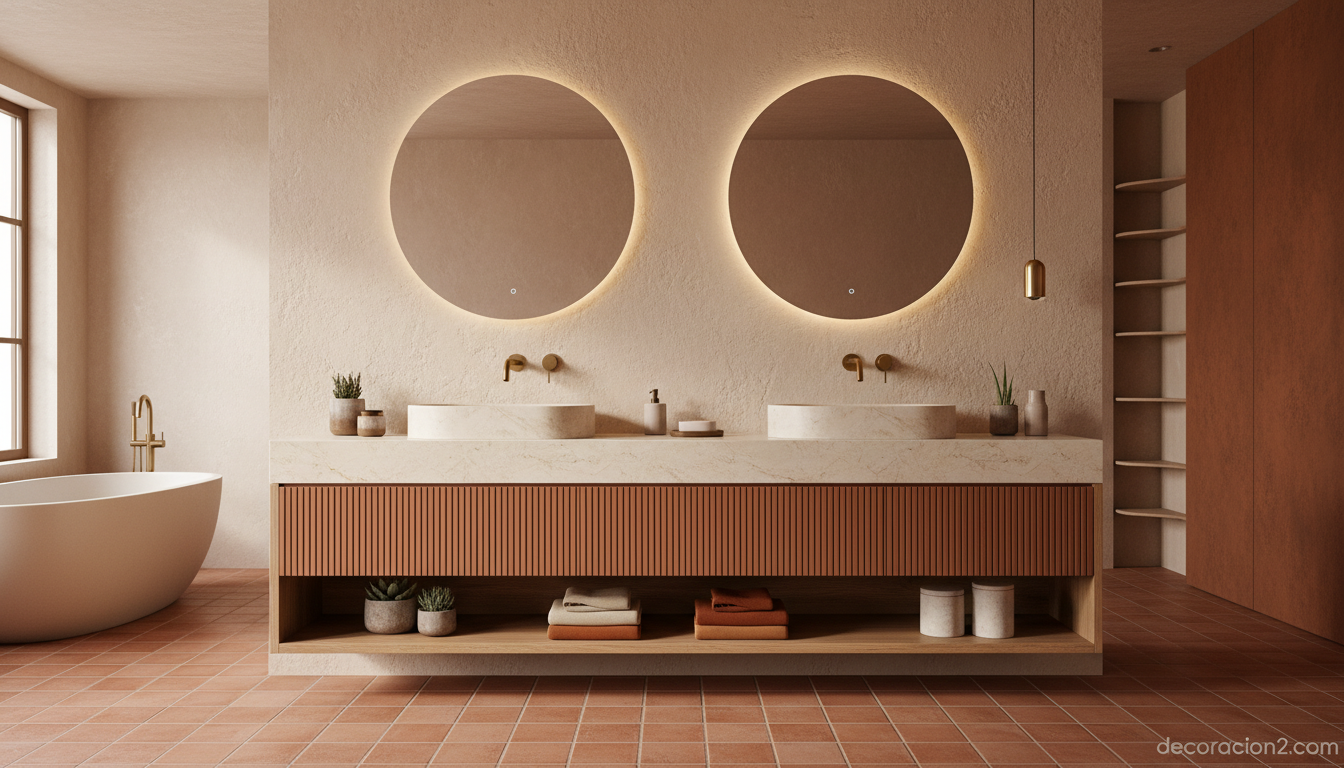 Mueble de baño con doble lavabo en tonos tierra con grifería dorada